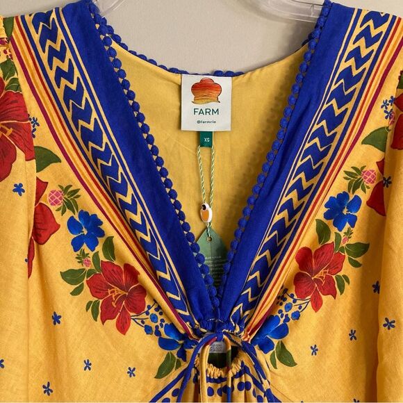 NEW FARM Rio Floral Yard Yellow Maxi Dress Embroidered Eyelet Beaded Tassel XS/S - Picture 14 of 16